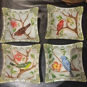 4 Prima Design Assorted Glass 5" Square Candy/Nut Bowls BIRDS & FLOWERS New